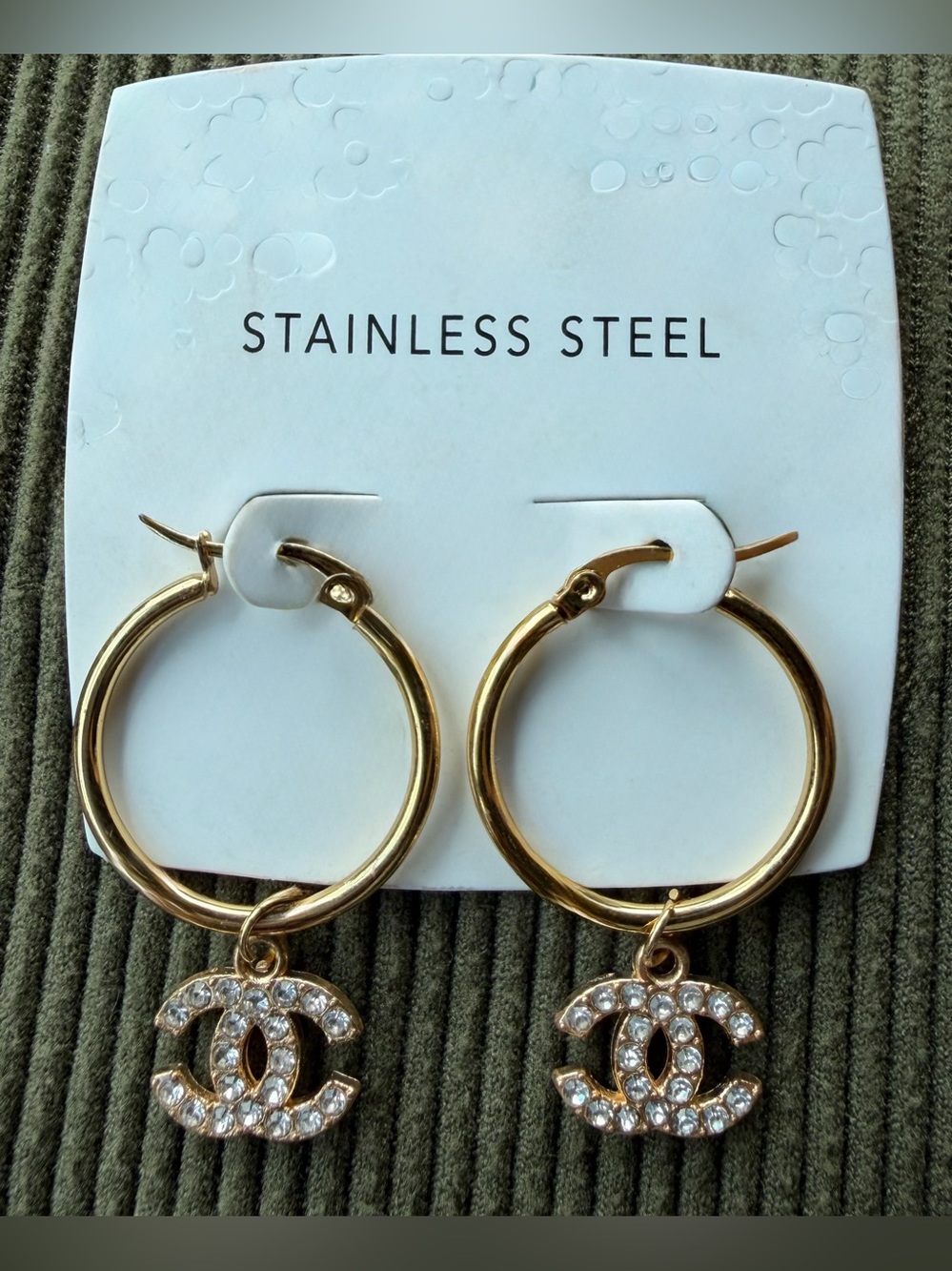 CCGold Hoop Earrings with Crystal Logo Charm - Stainless Steel